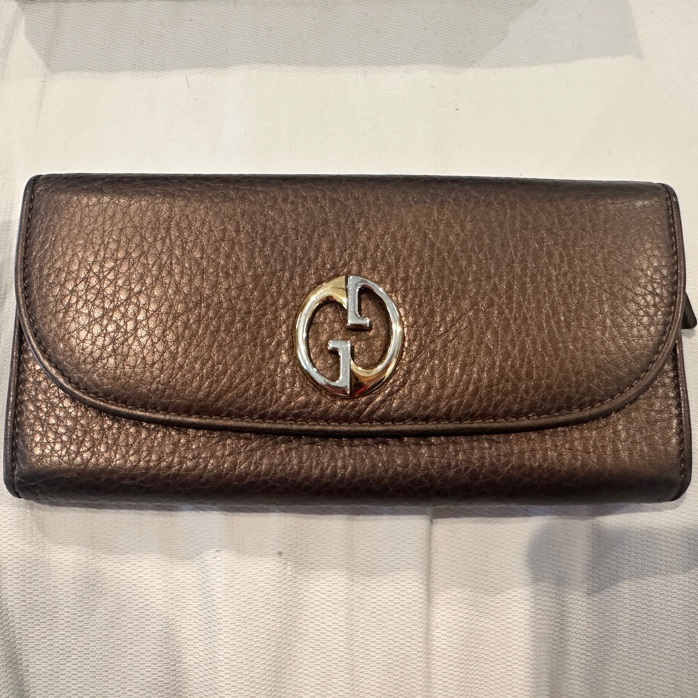 Gucci Brown Pebbled Leather Continental Wallet with Gold & Silver Logo